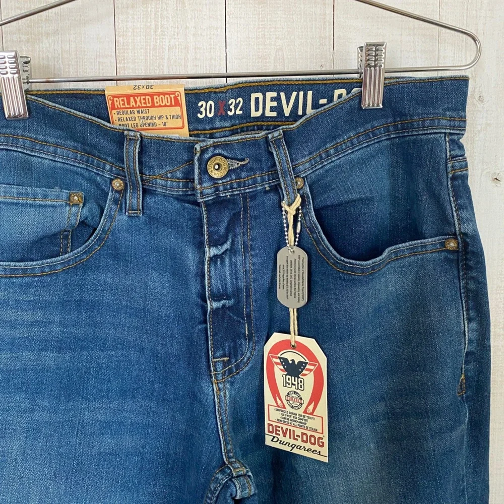 Devil-Dog Dungarees Mens Relaxed‎ Bootcut Performance Jeans Blue 30x32 NWT